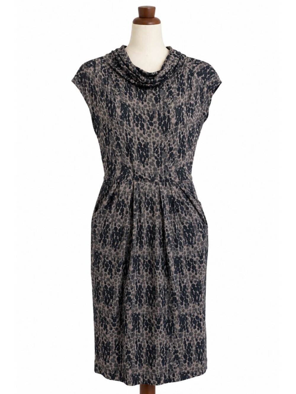 Banana Republic Black Gray Leopard Wool Blend Cowl Neck Sleeveless Sheath Dress